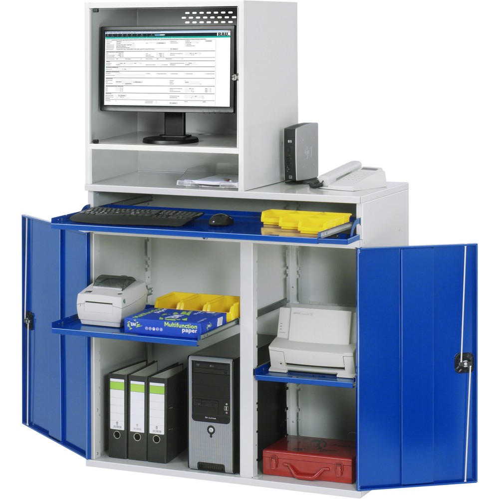 Produktabbildung: RAU Computer-Schrank, Monitorgehäuse, Tastaturauszug, Doppel-Flügeltür, Monitorfach Tiefe 500, 2 x Auszugstablar, stationär
