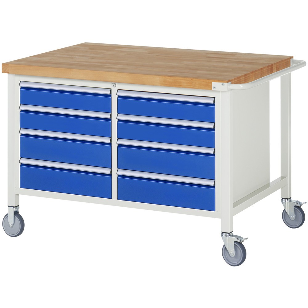 Produktabbildung: RAU mobile Werkbank Serie 8000, 1 Doppel-Container, HxBxT 880-1.080 x 1.250 x 900 mm, 8 x 90%-Auszug-Schubladen