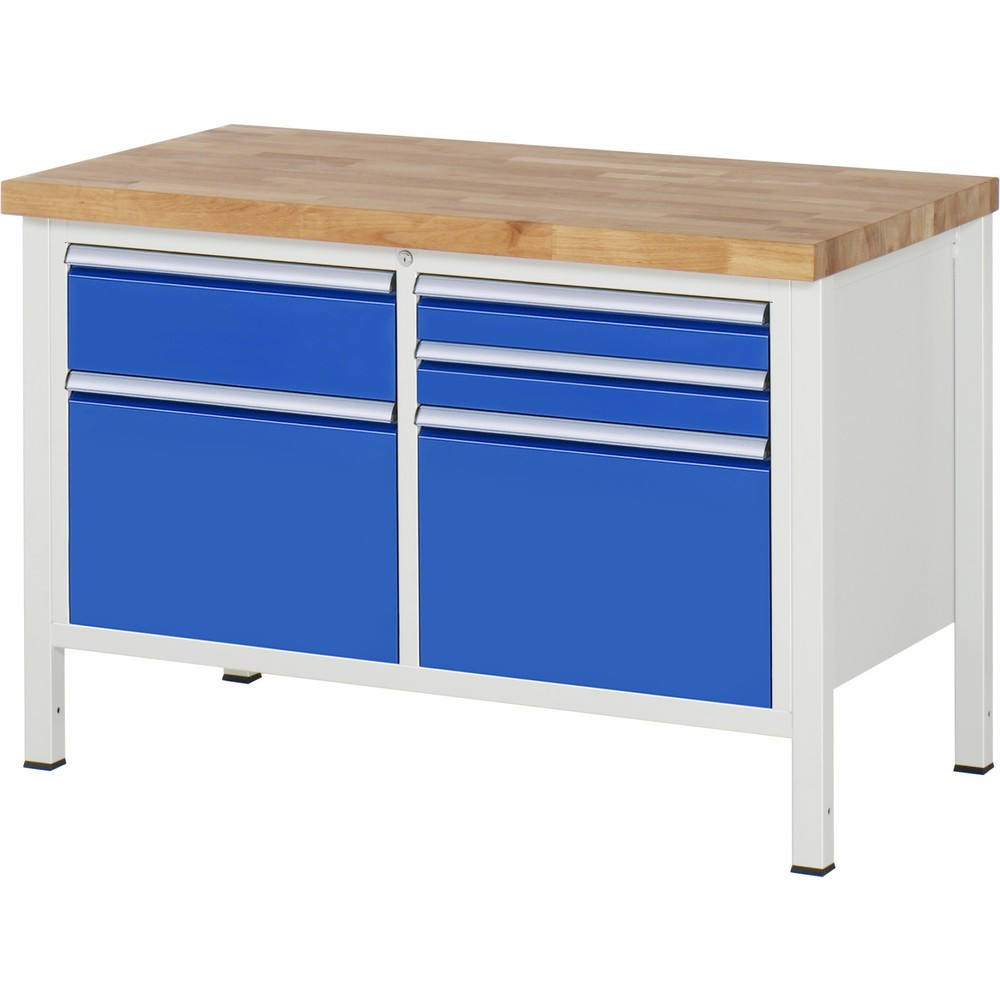 Produktabbildung: RAU Werkbank Serie 8000, 1 Doppel-Container, HxBxT 840-1.040 x 1.250 x 700 mm, 5 x 90%-Auszug-Schubladen