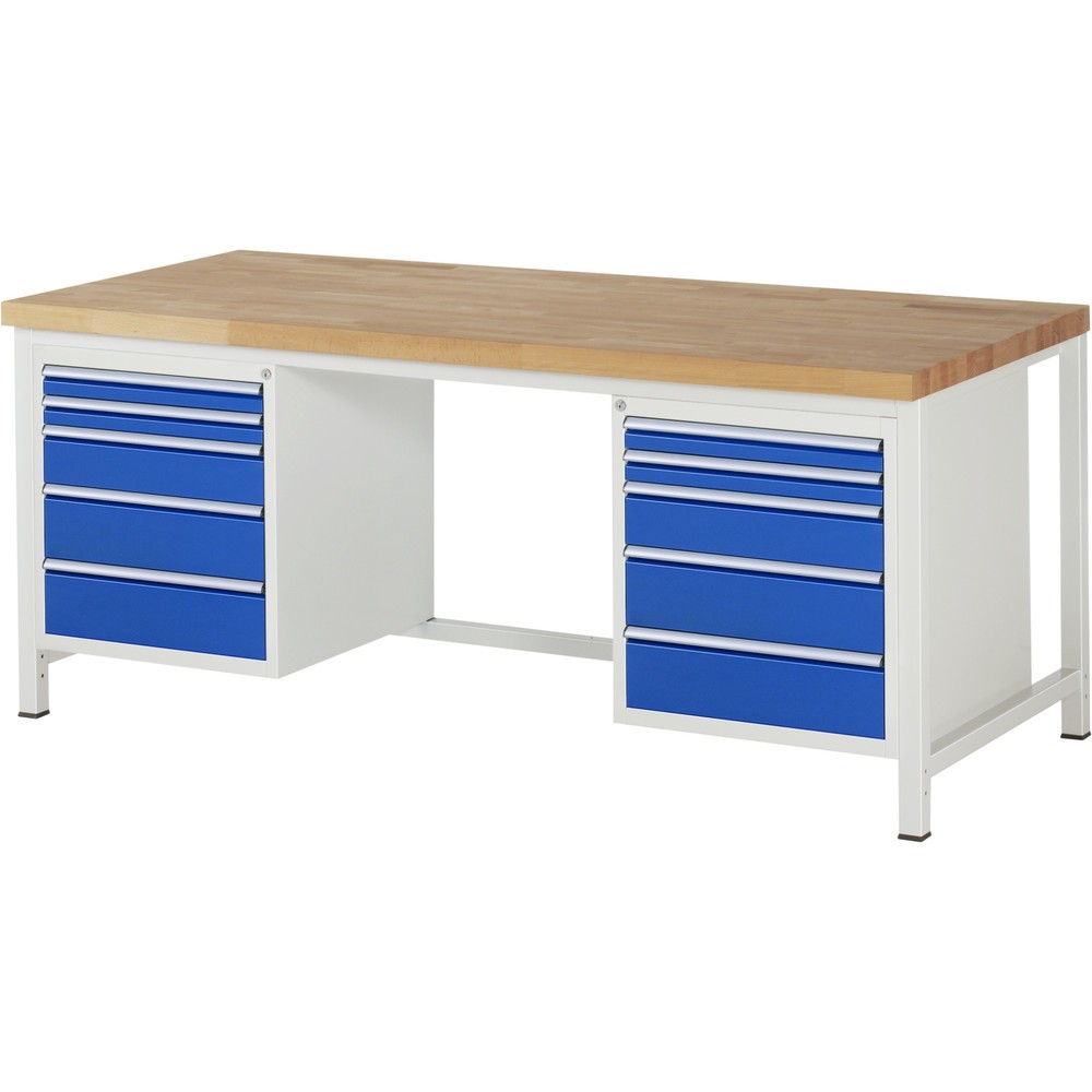 Produktabbildung: RAU Werkbank Serie 8000, 2 Container, HxBxT 840-1.040 x 2.000 x 900 mm, 10 x 90%-Auszug-Schubladen 4 x 60, 2 x 120, 4 x 150 mm