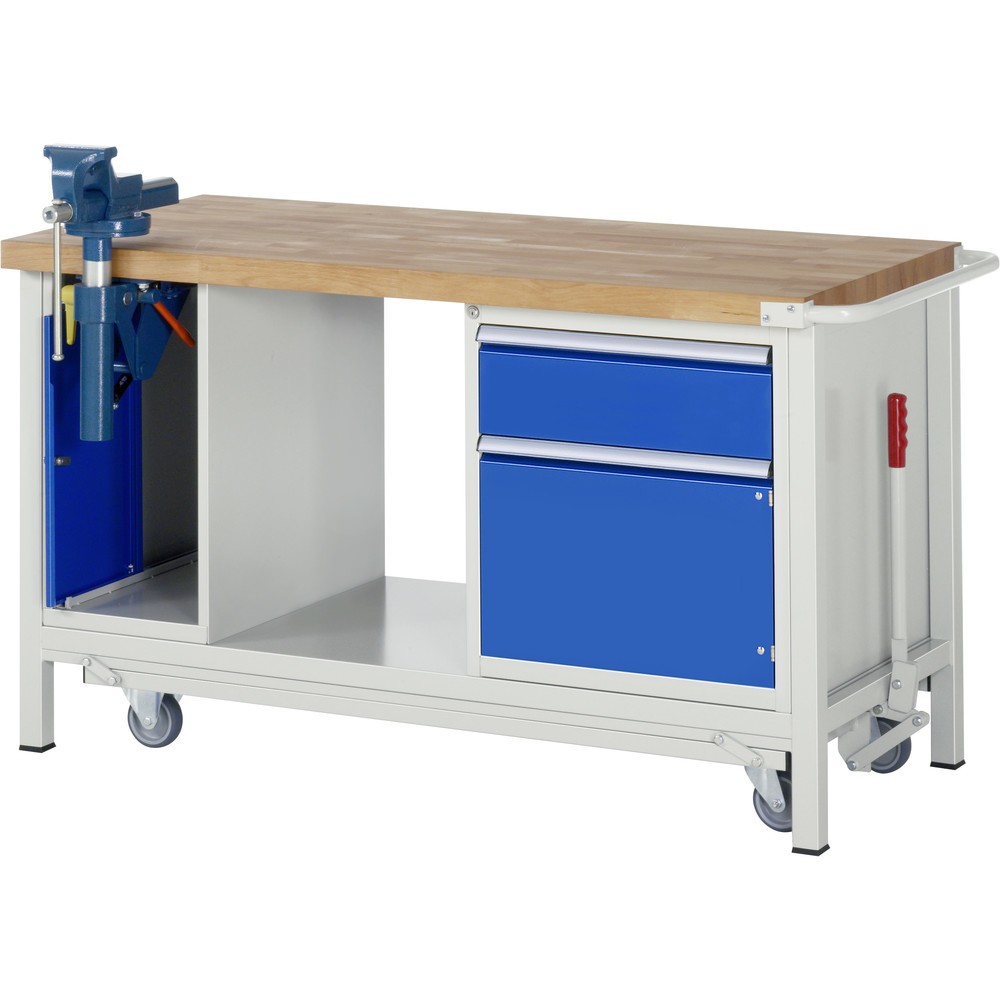 Produktabbildung: RAU Werkbank Serie 8000 mit absenkbarem Fahrgestell, 2 Container, 1 Ablageboden, HxBxT 880 x 1.500 x 700 mm, 1 x 100%-Auszug-Schubladen, 1 Flügeltür, Schraubstock, ErgoScript