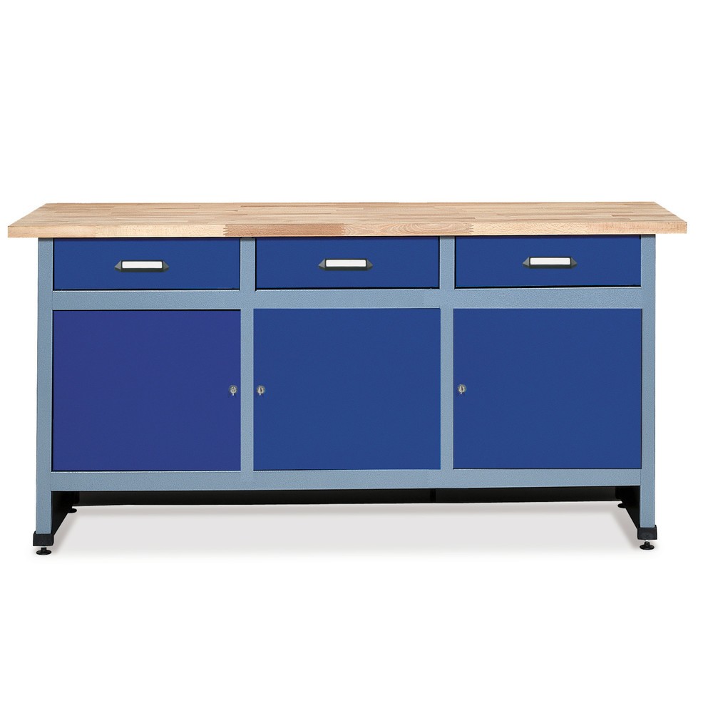 Produktabbildung: Werkbank mit 3 Schubladen + 3 Türen, BxT 1.700 x 600 mm, blau